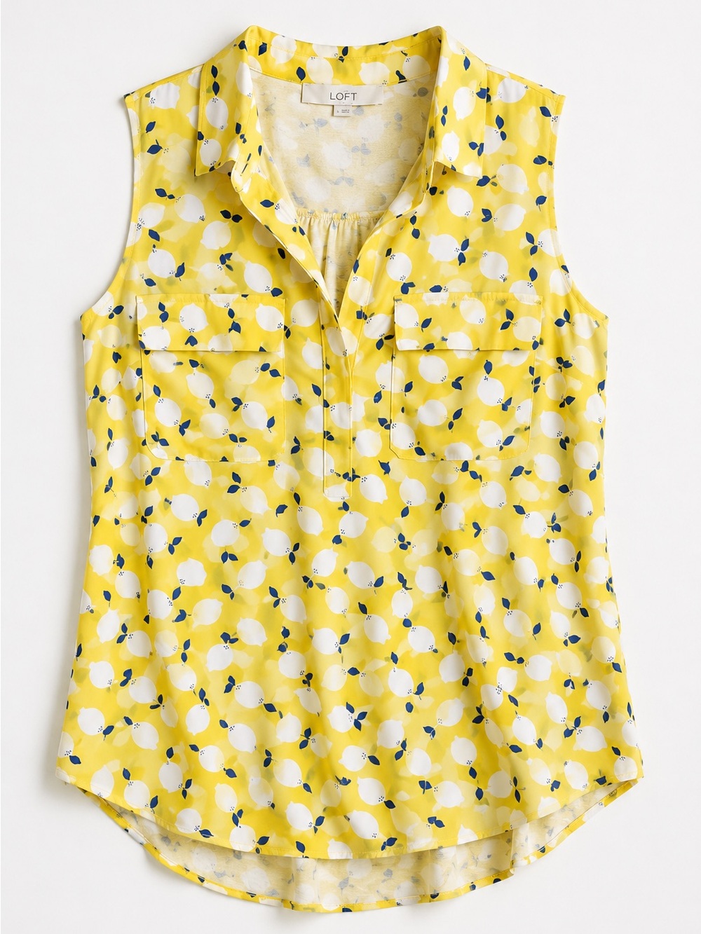 LOFT Mixed Media, Sleeveless Lemon-Print Button V-Neck Blouse